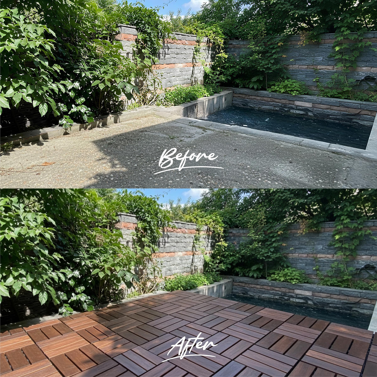 Green Alluvium deck tile patio with furniture demonstrates practical outdoor living.