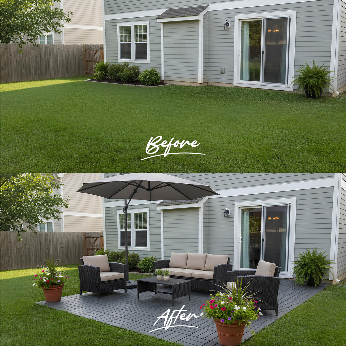 Green Alluvium all-weather deck tiles thrive in patios and outdoor showers.
