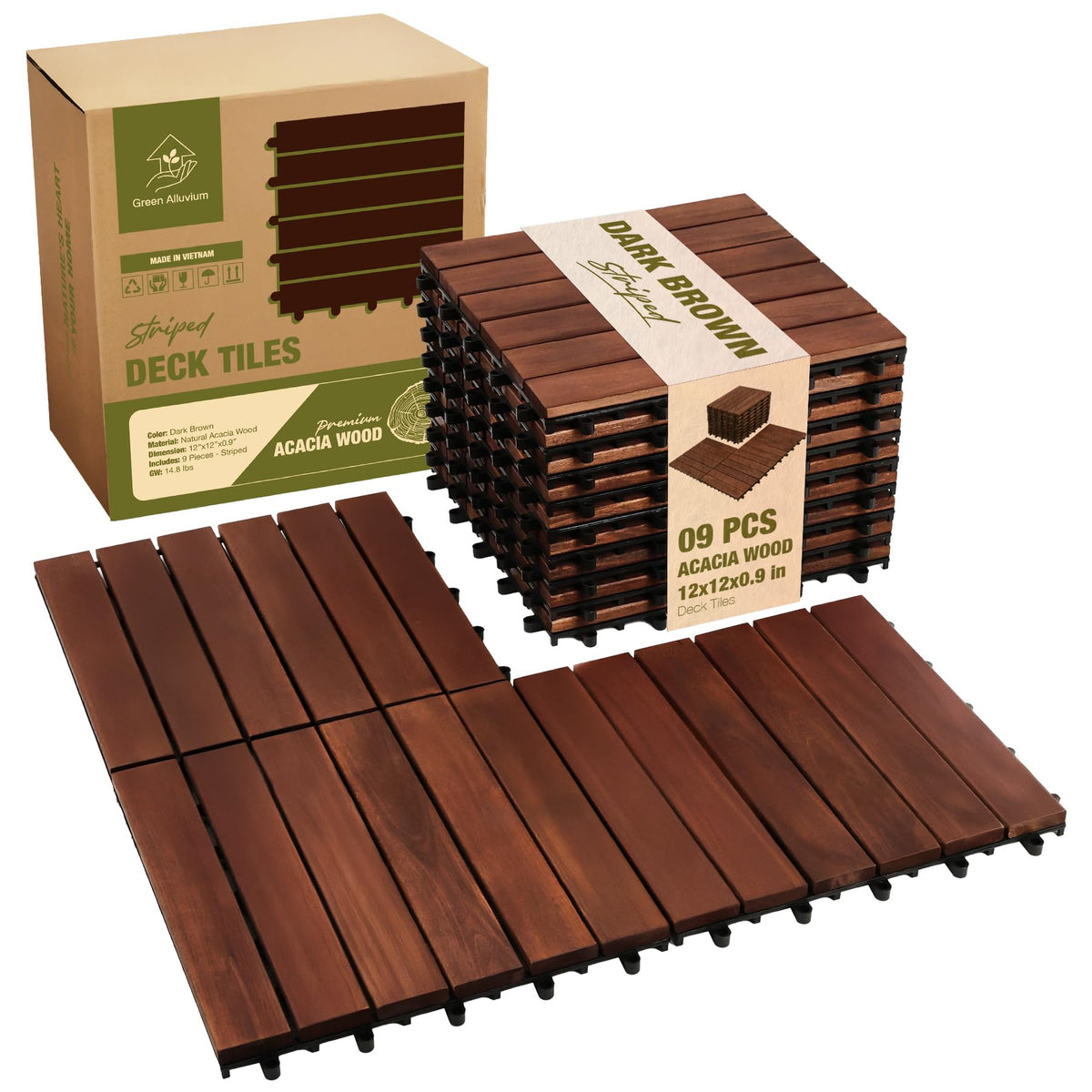 Green Alluvium premium acacia deck tile top view showing interlocking design for quick setup.