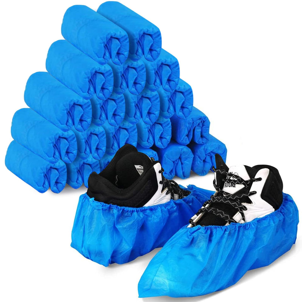 Green Convenience blue disposable shoe covers provide waterproof protection.