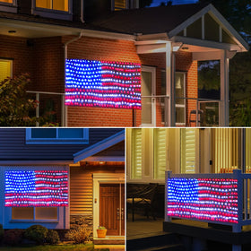 Green Convenience solar panel powering US flag lights for daytime charging