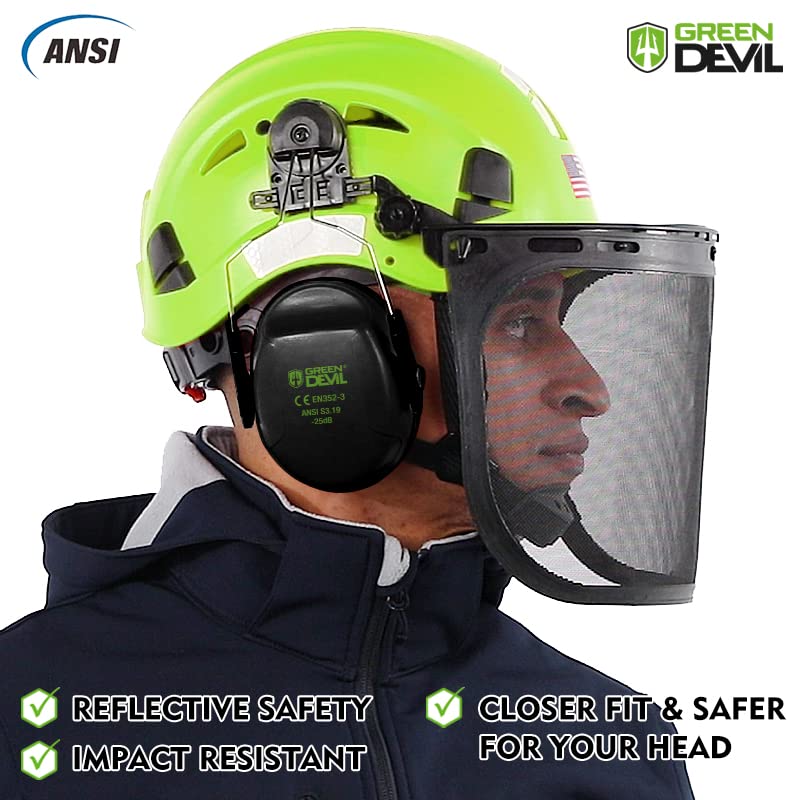 GREEN DEVIL forestry helmet attachments – universal slots for compatible add-ons.