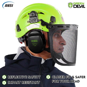 GREEN DEVIL forestry helmet attachments – universal slots for compatible add-ons.