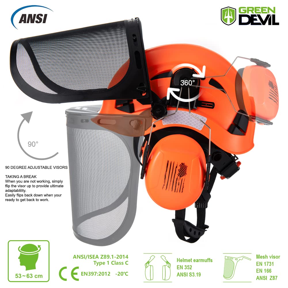 GREEN DEVIL forestry helmet with ear muffs demonstrates 25 dB NRR hearing protection.