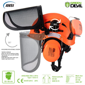 GREEN DEVIL forestry helmet with ear muffs demonstrates 25 dB NRR hearing protection.