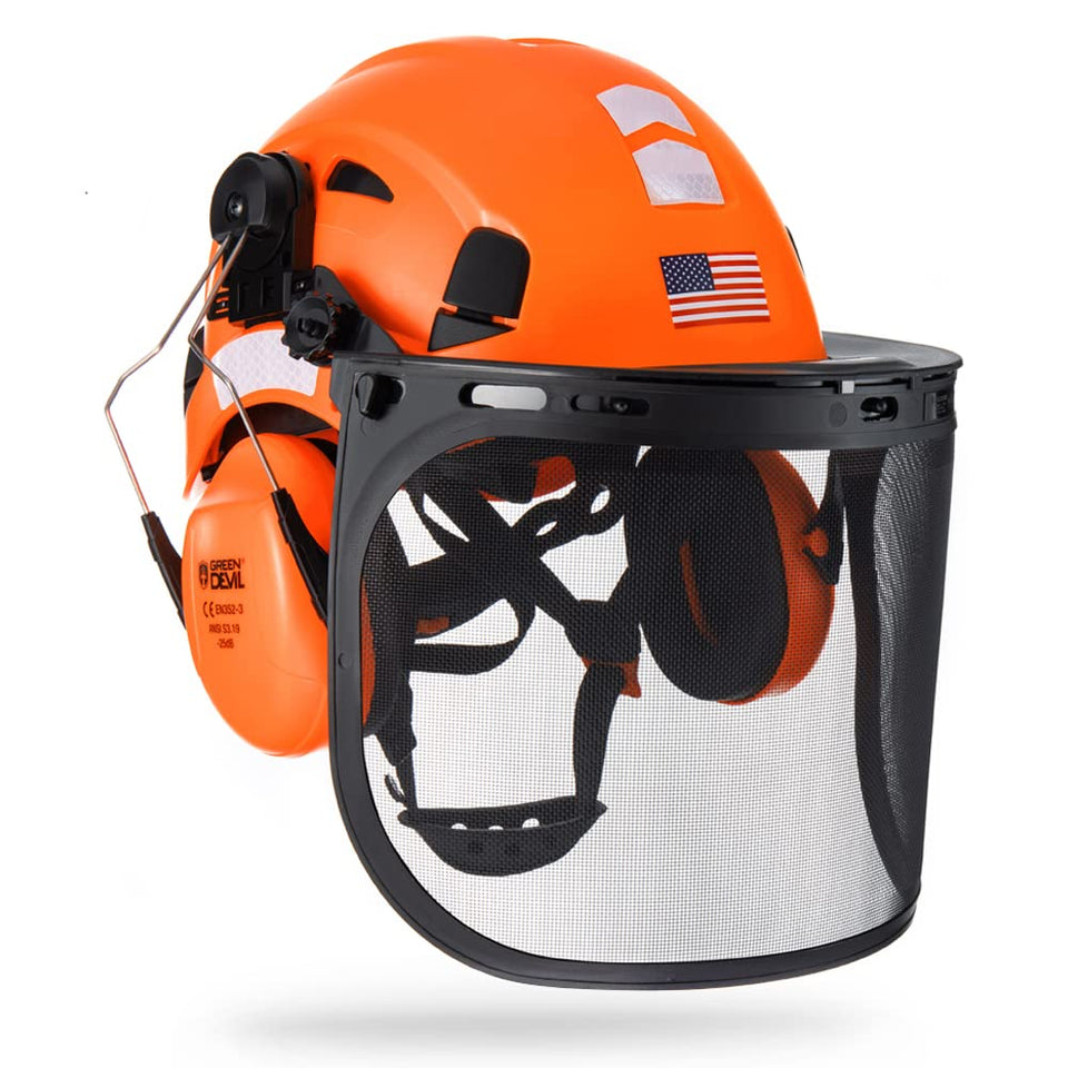 GREEN DEVIL forestry helmet with front mesh visor for debris protection and clear visibility.