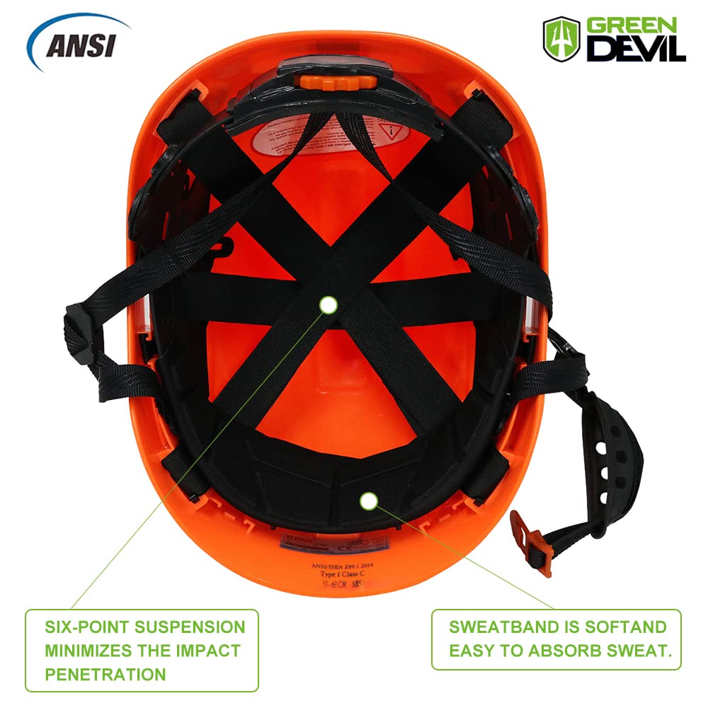 GREEN DEVIL hi-vis orange forestry helmet increases visibility on job sites.