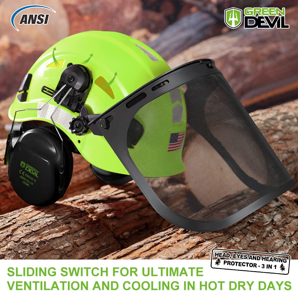 GREEN DEVIL forestry helmet mesh visor – clear visibility with debris protection.