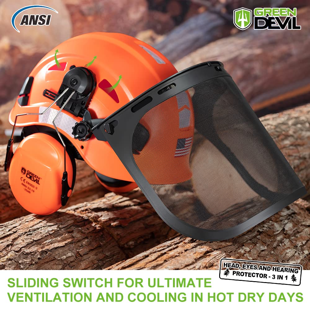 GREEN DEVIL forestry helmet side view showing adjustable suspension for comfort.