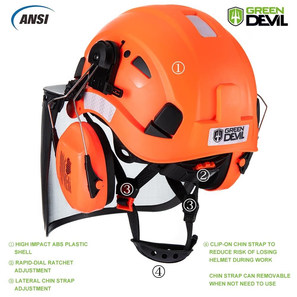 GREEN DEVIL helmet highlights vented design for cooling during long workdays.