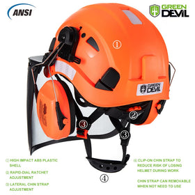 GREEN DEVIL helmet highlights vented design for cooling during long workdays.