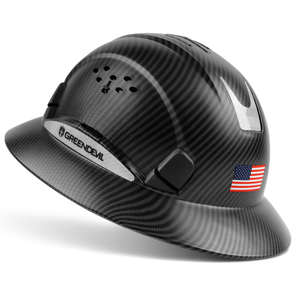 GREEN DEVIL full brim hard hat front view shows protective head coverage.