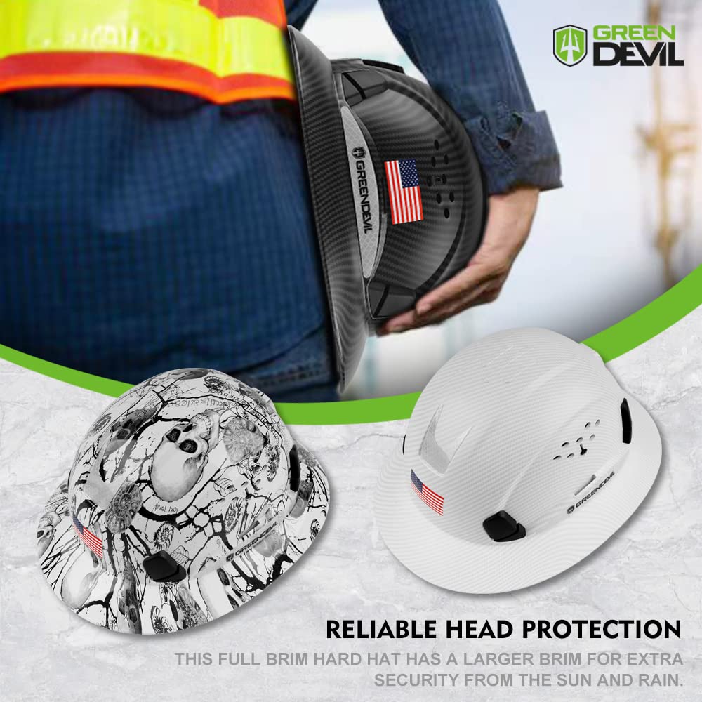 GREEN DEVIL pattern design on hard hat adds distinctive style.