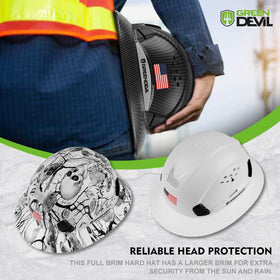 GREEN DEVIL pattern design on hard hat adds distinctive style.