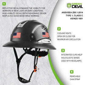 GREEN DEVIL full brim hard hat rear view with hi vis stripe.