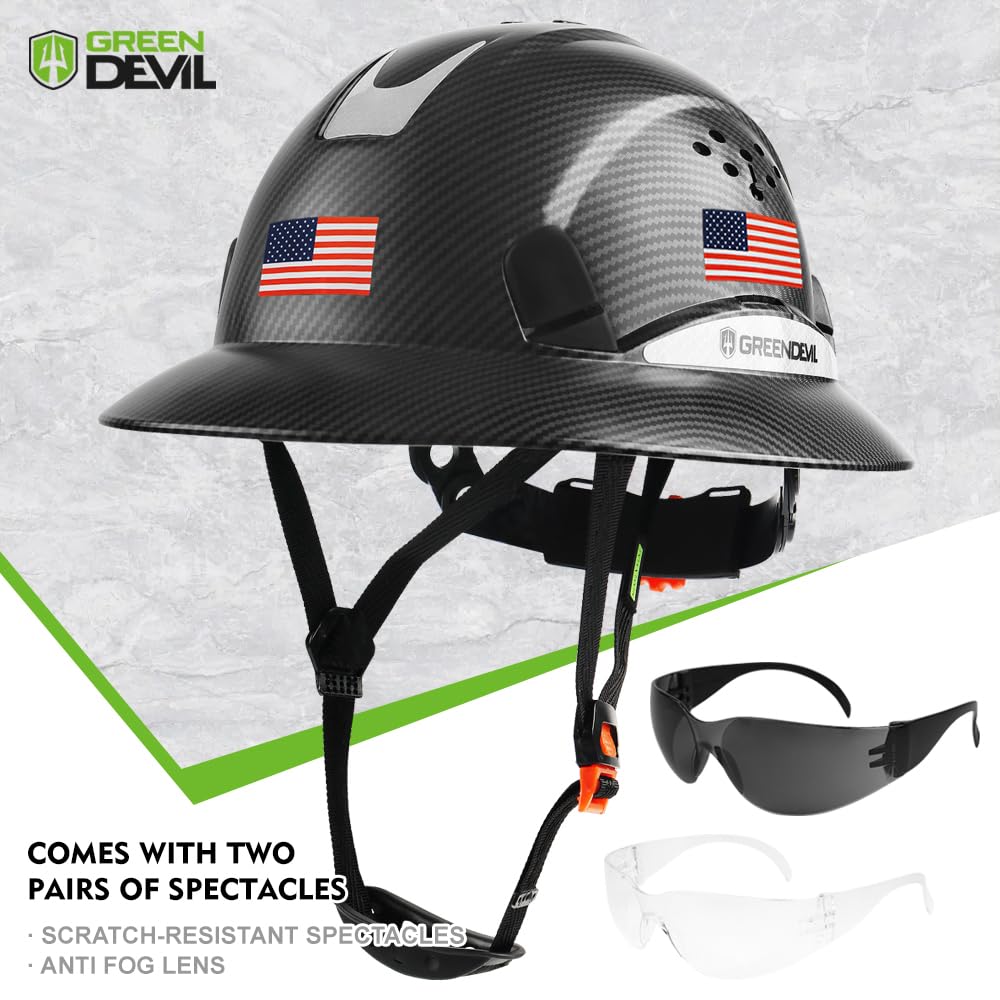 GREEN DEVIL full brim hard hat side view highlights ventilation and fit.