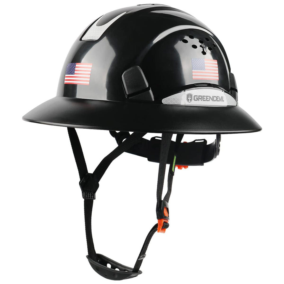Green Devil full-brim hard hat with vented front for cooling on site