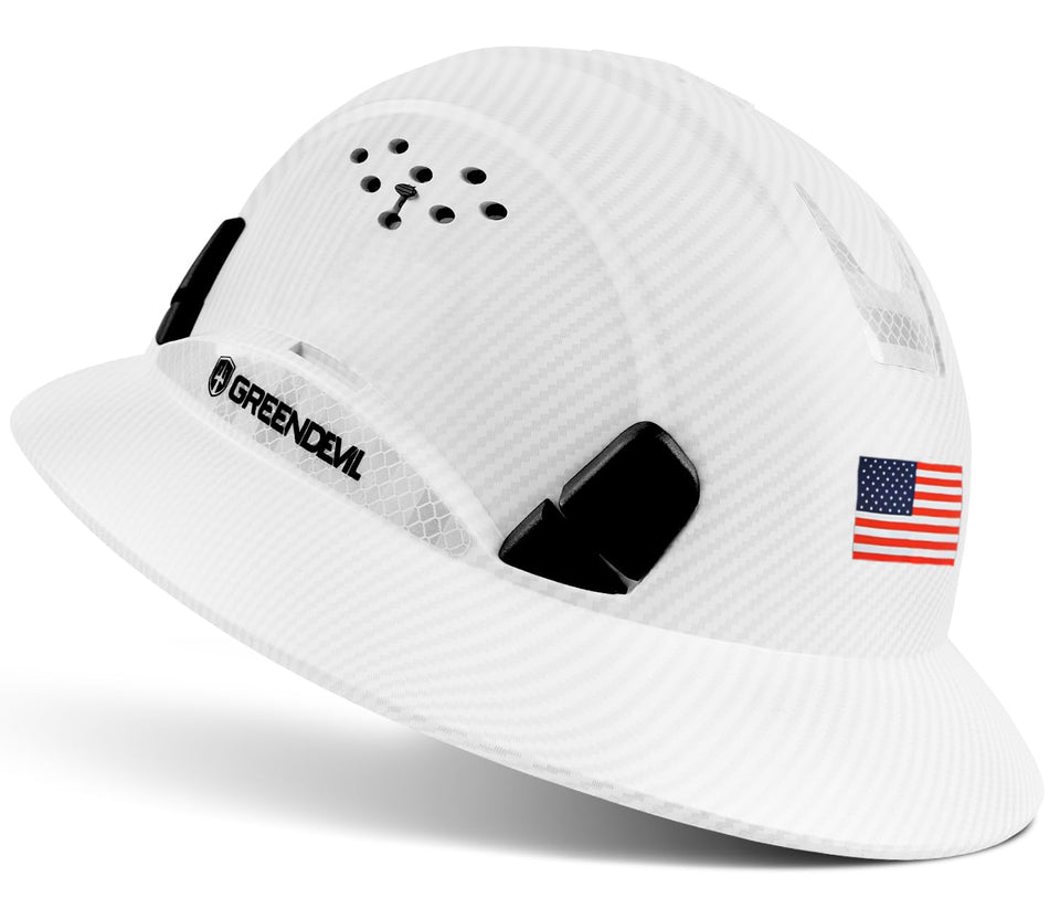 Green Devil full-brim vented hard hat for cooling comfort on site