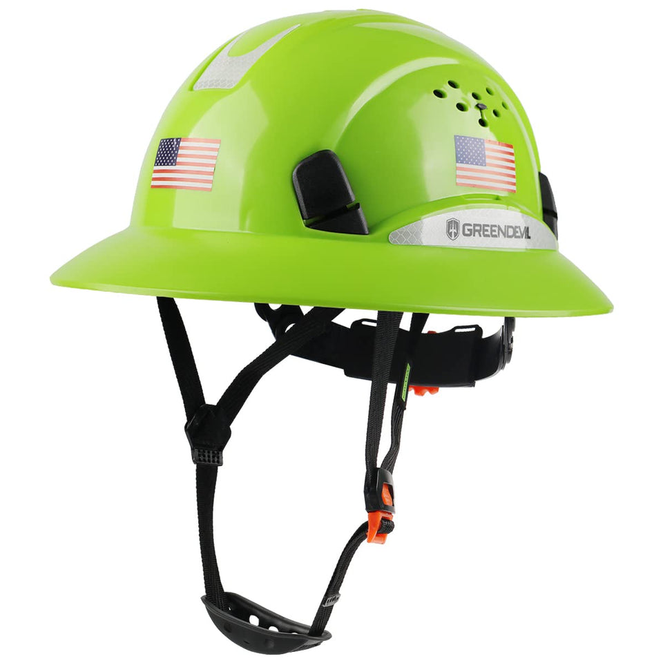 Green Devil full brim hard hat with vented design for all-day comfort on job sites