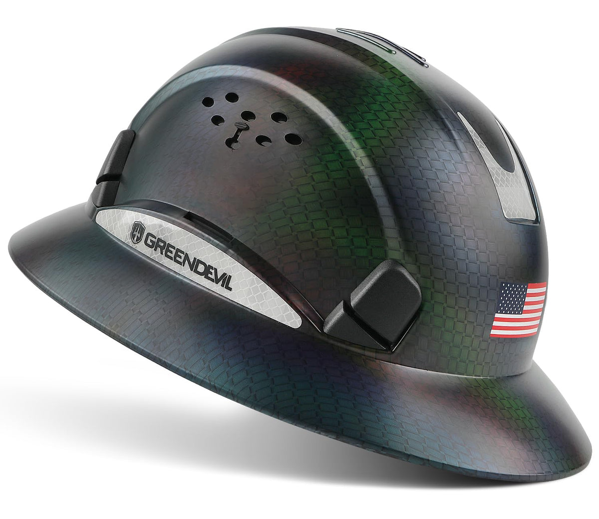 GREEN DEVIL full-brim hard hat vented for cool, all-day head protection on site.