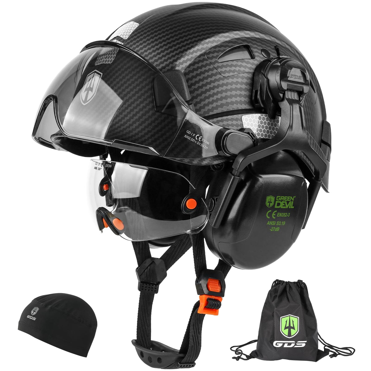 GREEN DEVIL hard hat with visor and ear muffs for enhanced on-site protection