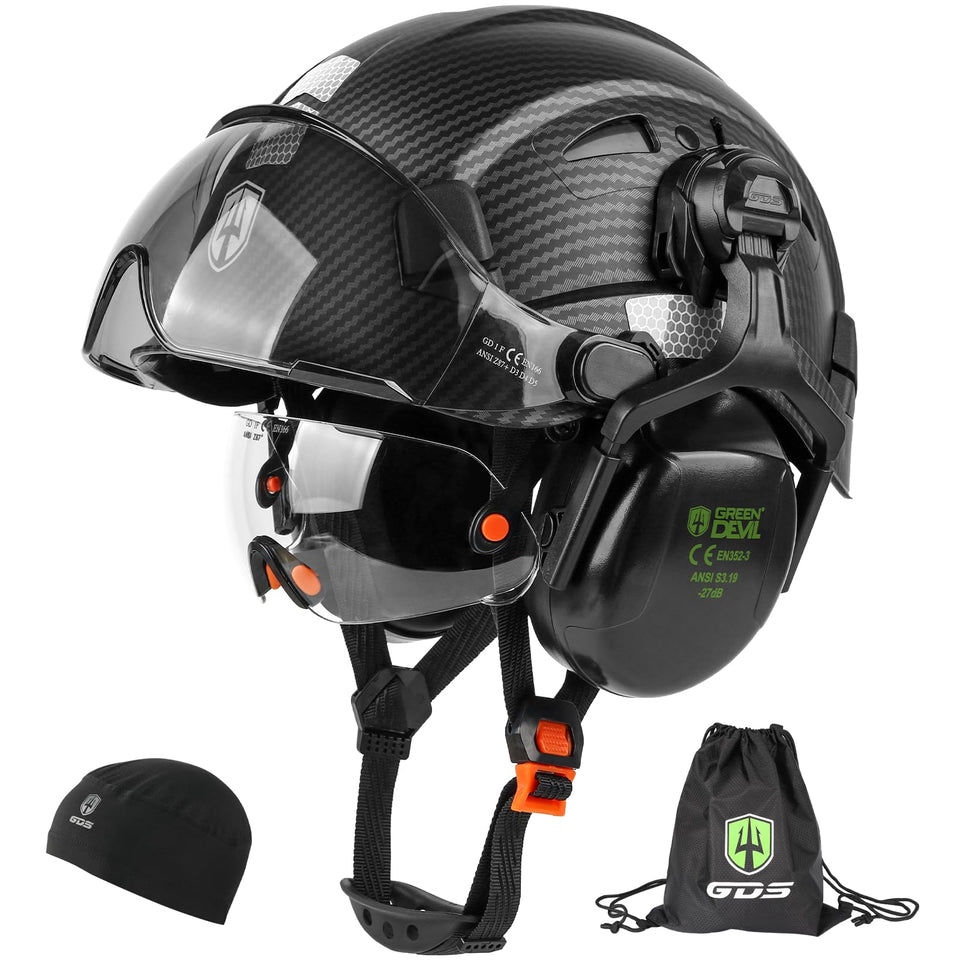 GREEN DEVIL hard hat with visor and ear muffs for enhanced on-site protection