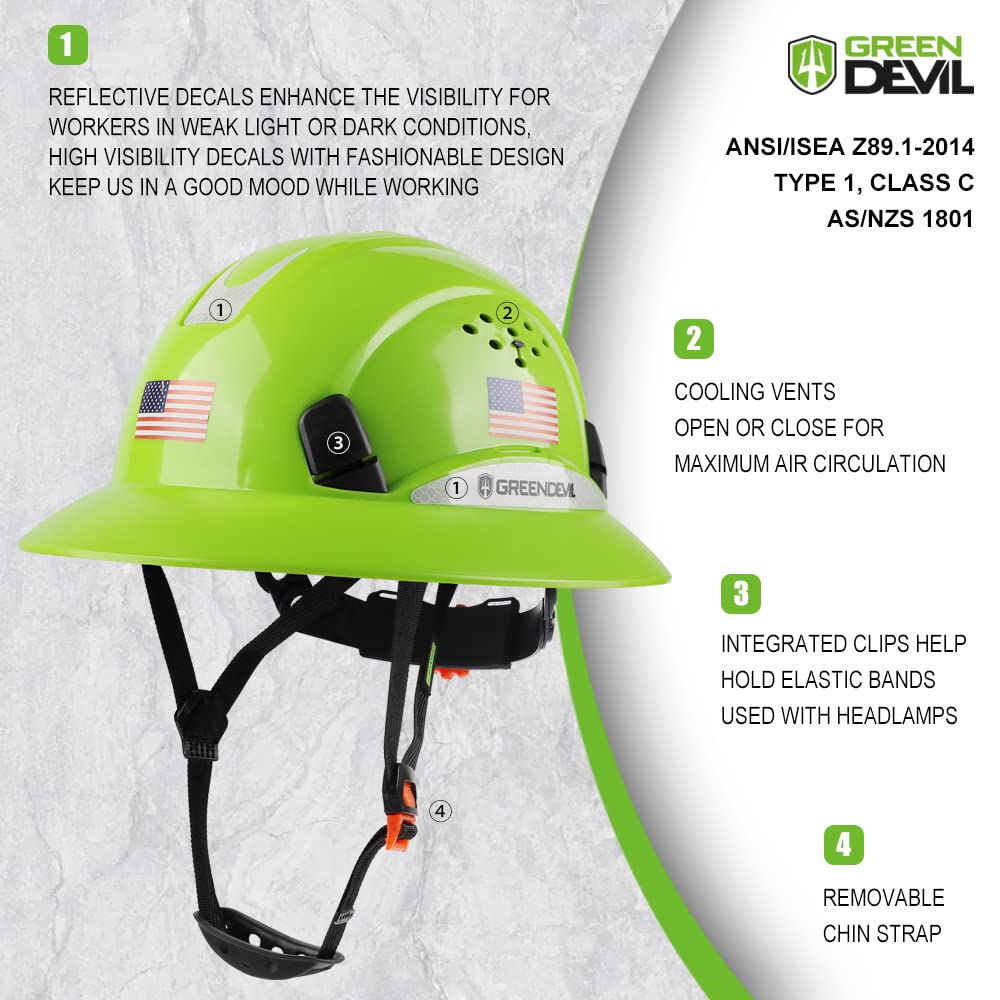 Green Devil safety helmet with hi-vis reflective stripes for better visibility