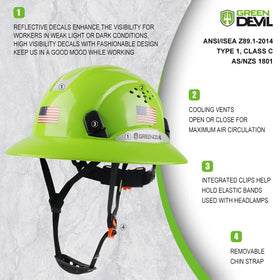 Green Devil safety helmet with hi-vis reflective stripes for better visibility