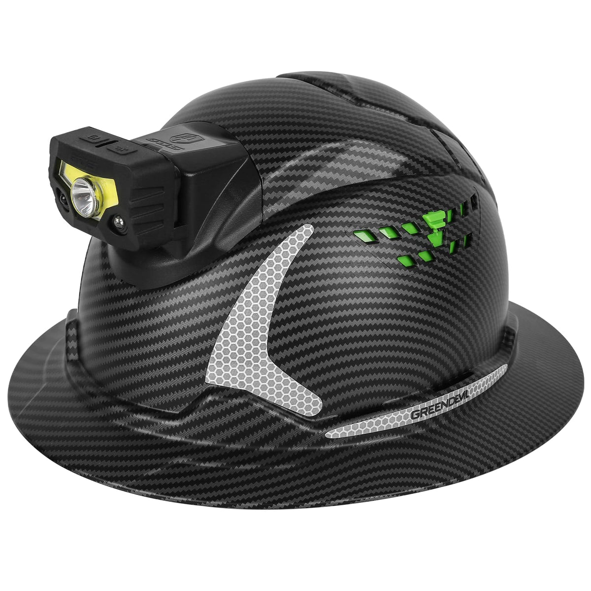 Green Devil Matrix full-brim hard hat with headlight, front view for hands-free illumination.