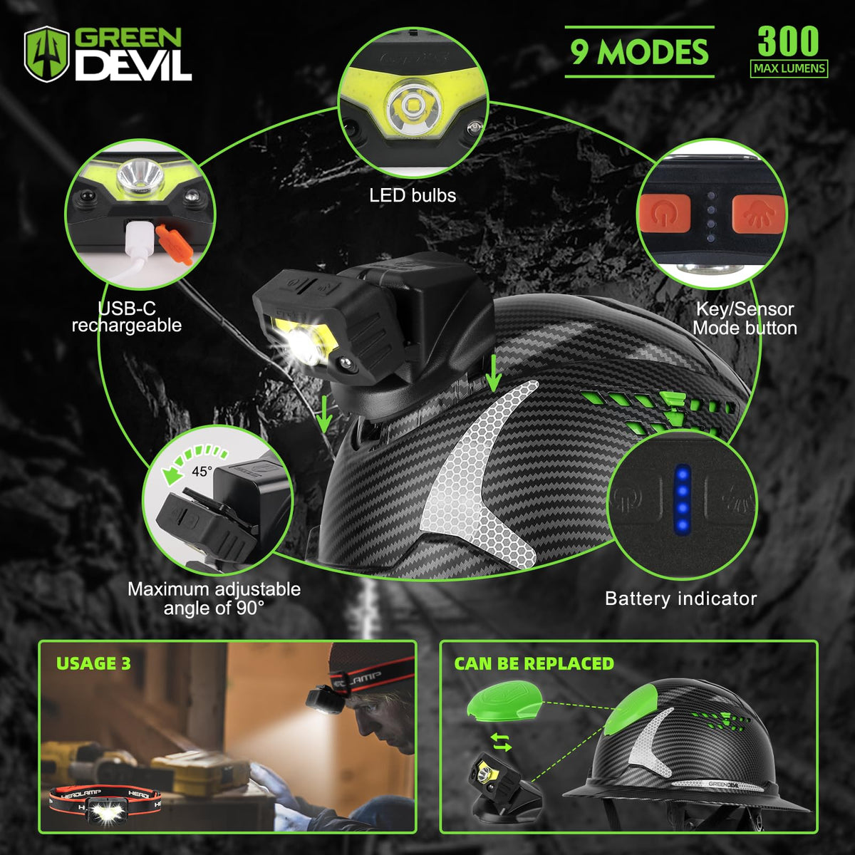 Green Devil Matrix wide brim and reflective stripes enhance visibility in low light.