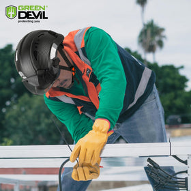 Green Devil safety hard hat with accessory mounts for headlamps and ear protection