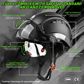 Green Devil safety hard hat side view with clear visor for unobstructed site visibility