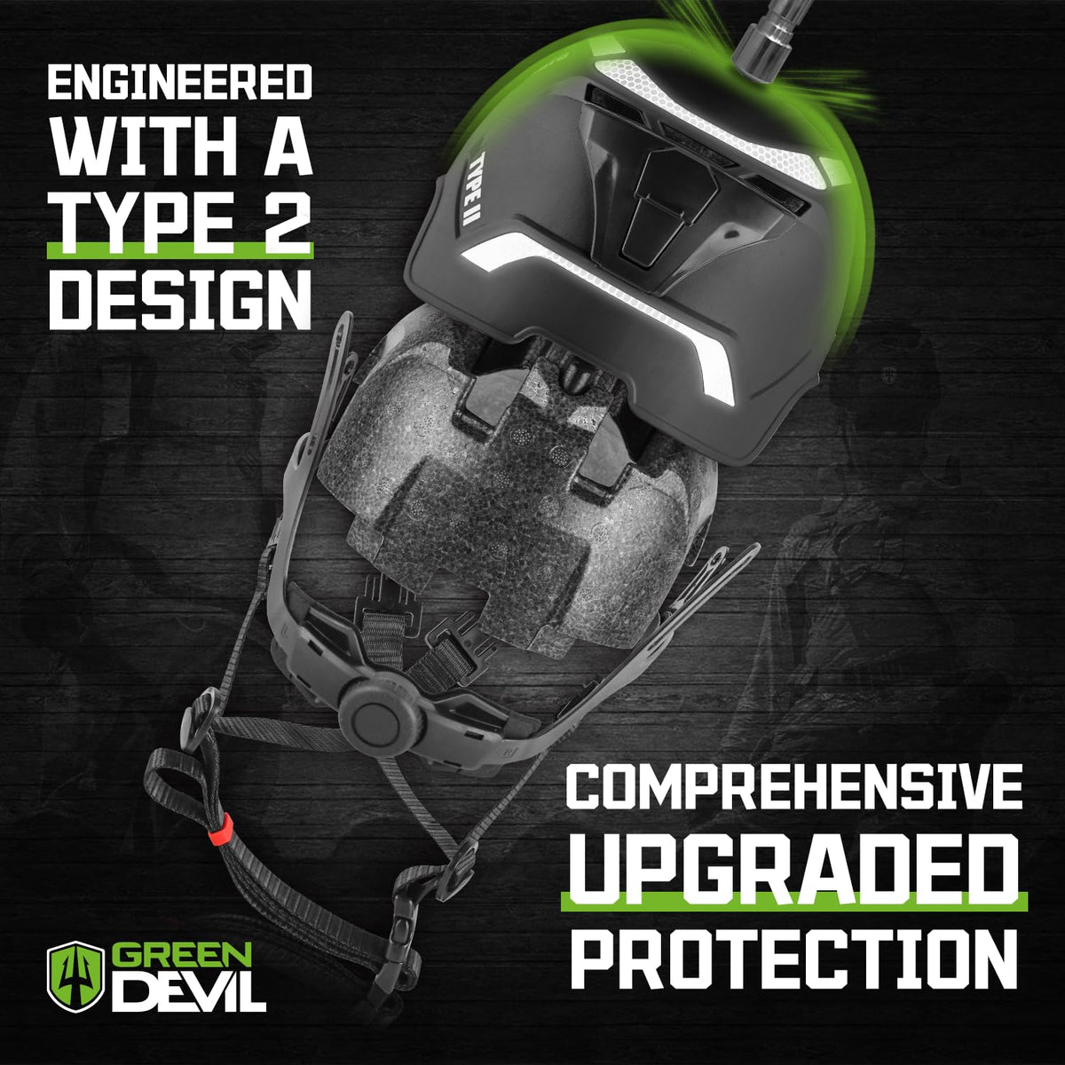 GREEN DEVIL Type 2 hard hat close-up of 6-point suspension and adjustable headband