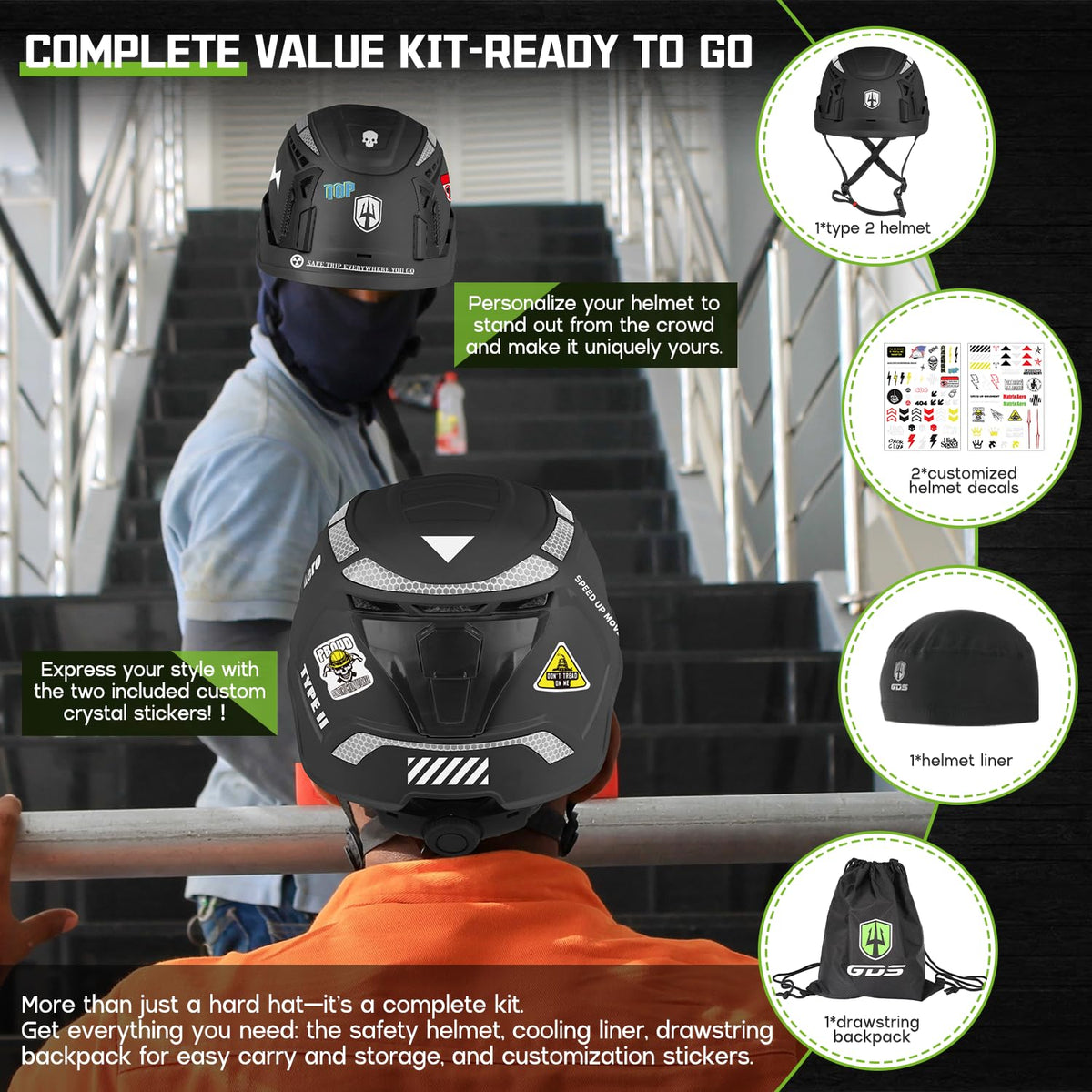 GREEN DEVIL Type 2 hard hat with crystal stickers for personalization