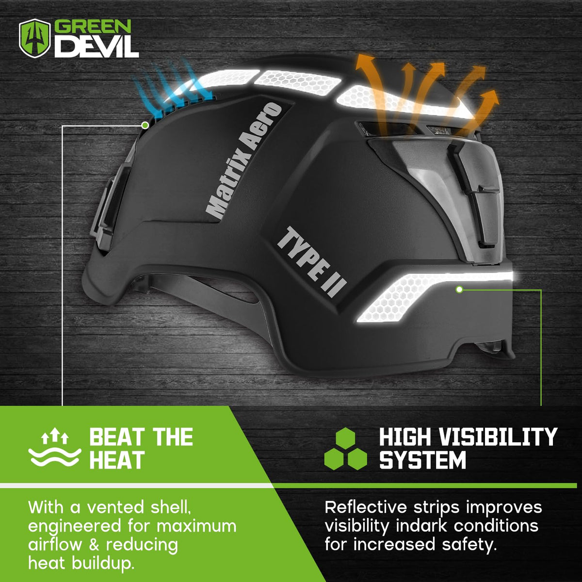 GREEN DEVIL Type 2 hard hat close-up of reflective strips for safety visibility