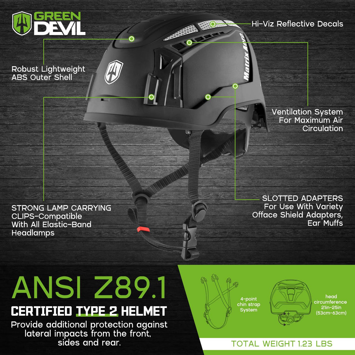 GREEN DEVIL Type 2 hard hat side view showing reflective strips for visibility