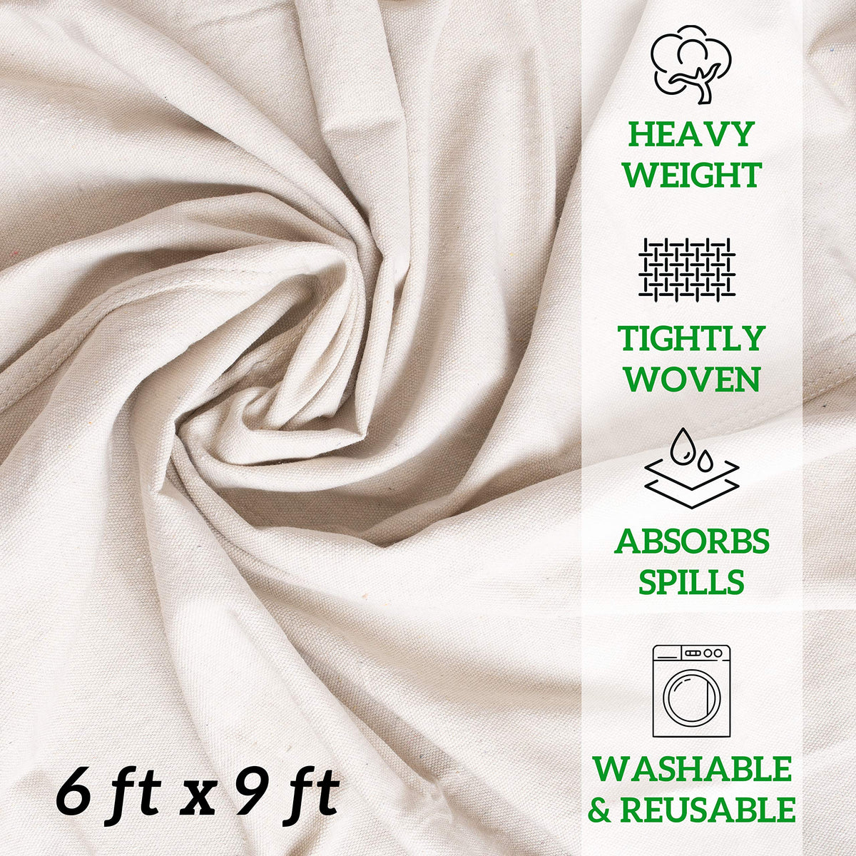 GREEN LIFESTYLE drop cloth with reinforced edges resists tearing during use.