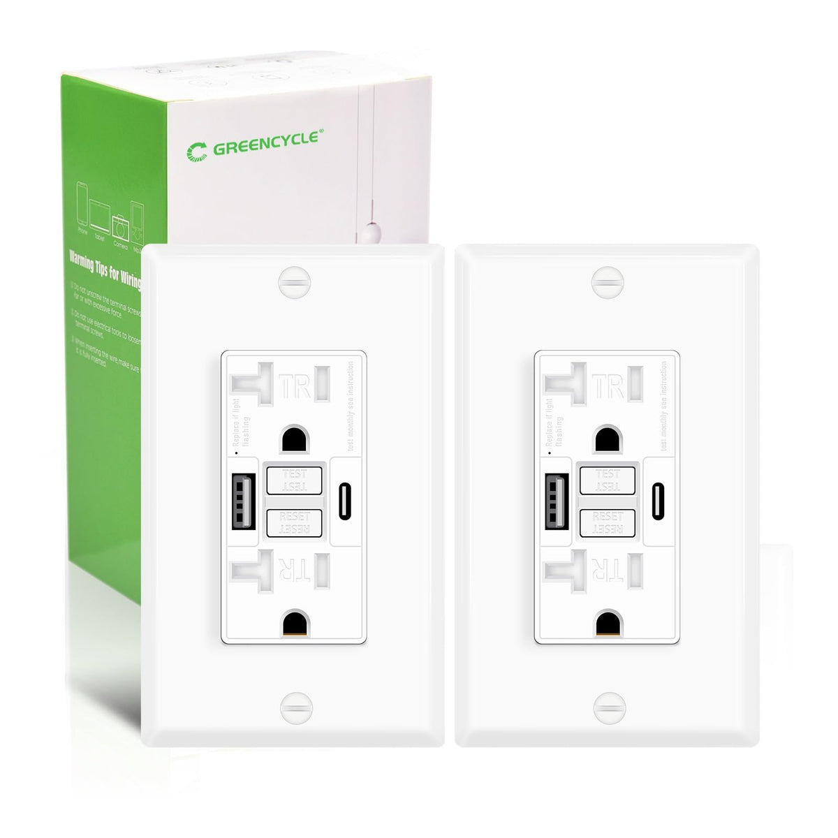 Greencycle 20A GFCI outlet with USB-C and USB-A, front view for safe device charging