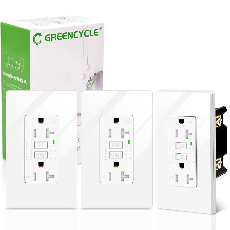 Greencycle GFCI outlet front view, 20A pack ready for indoor outdoor use in damp spaces.