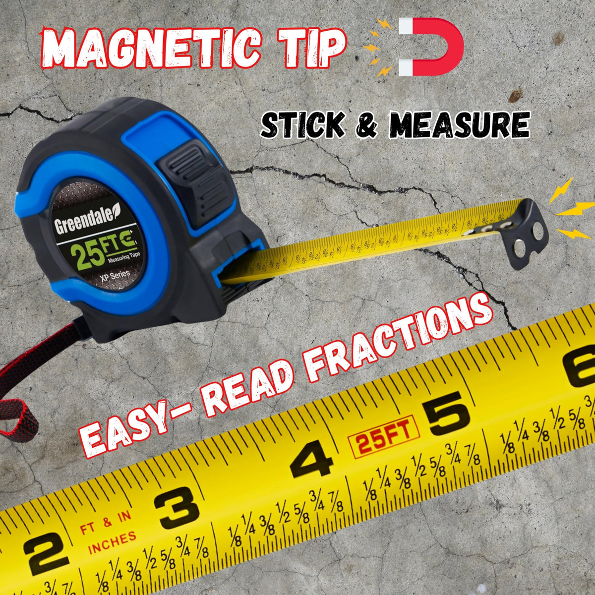 Greendale 25 ft tape measure with easy-to-read fractions for precise markings