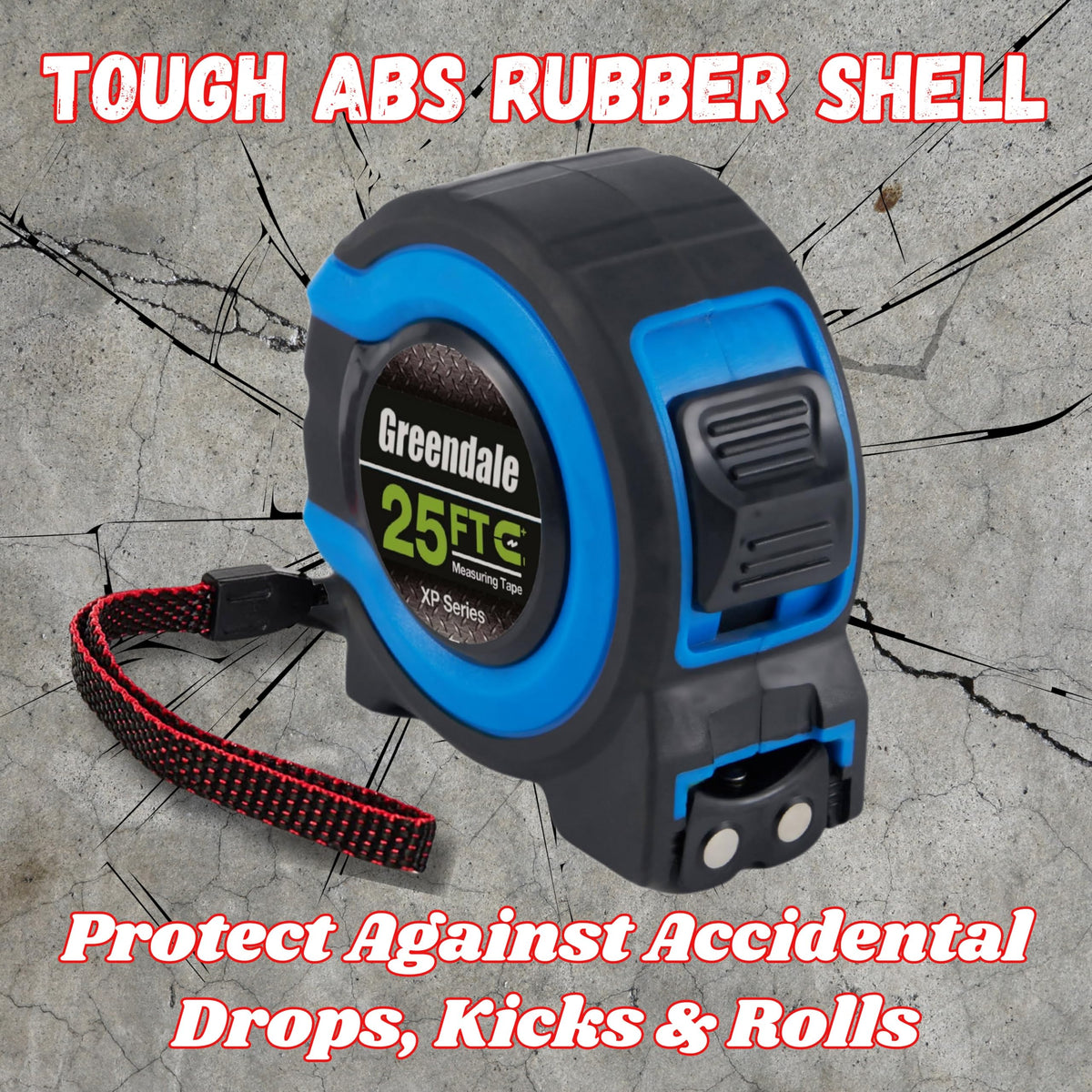 Greendale 25 ft tape measure with magnetic tip securing metal measurements
