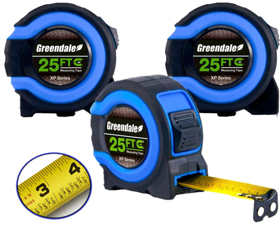 Greendale 3-pack tape measures with 25 ft retractable blue casing for quick layouts