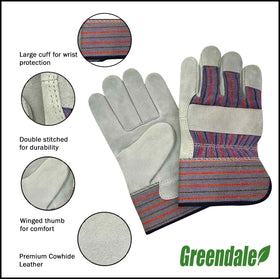 Greendale gloves feature a split cowhide palm for high abrasion resistance.