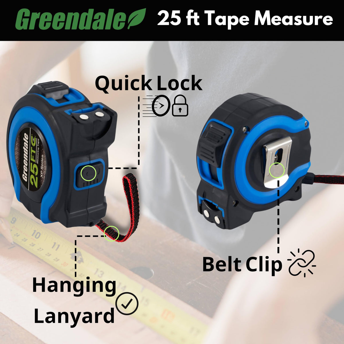 Greendale 25 ft tape measure with quick-lock and auto-retract for one-handed use