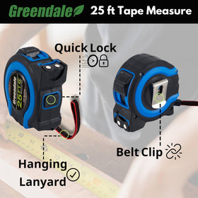 Greendale 25 ft tape measure with quick-lock and auto-retract for one-handed use