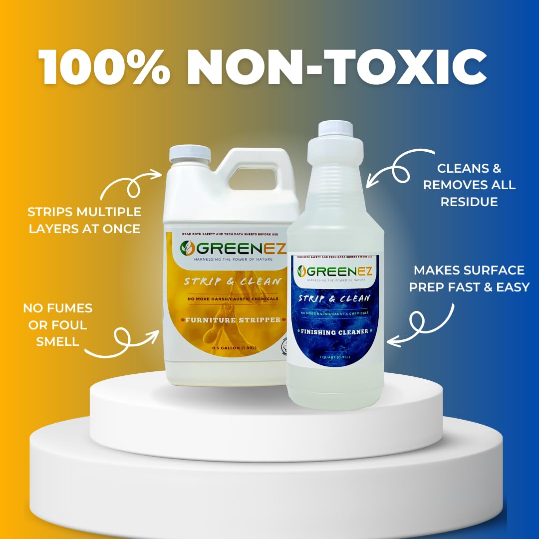 GREENEZ Strip & Clean brush application shows easy gel-on removal on wood surfaces.