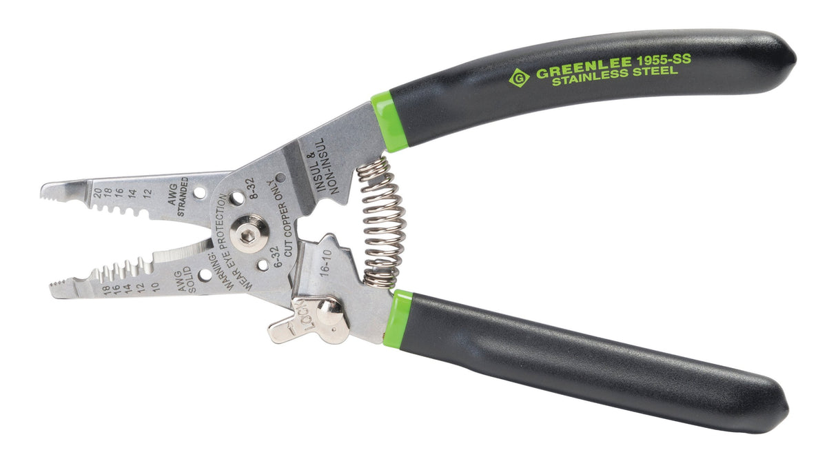 Greenlee 1955-SS wire stripper jaw close-up showing precision stripping action for clean jacket removal