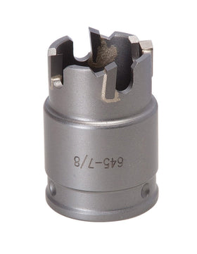 Greenlee 645-7/8 quick-change hole saw showing carbide teeth for fast, burr-free cuts.