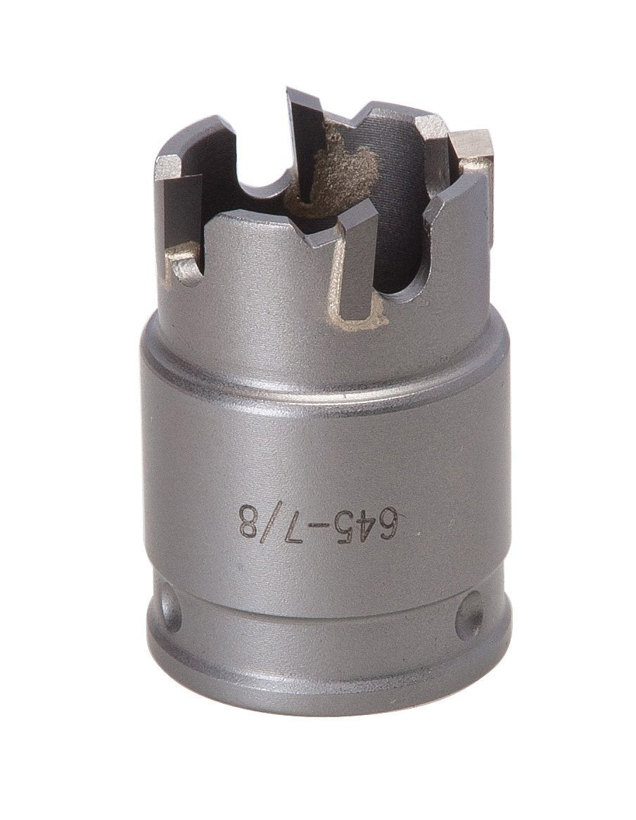 Greenlee 645-7/8 quick-change hole saw showing carbide teeth for fast, burr-free cuts.