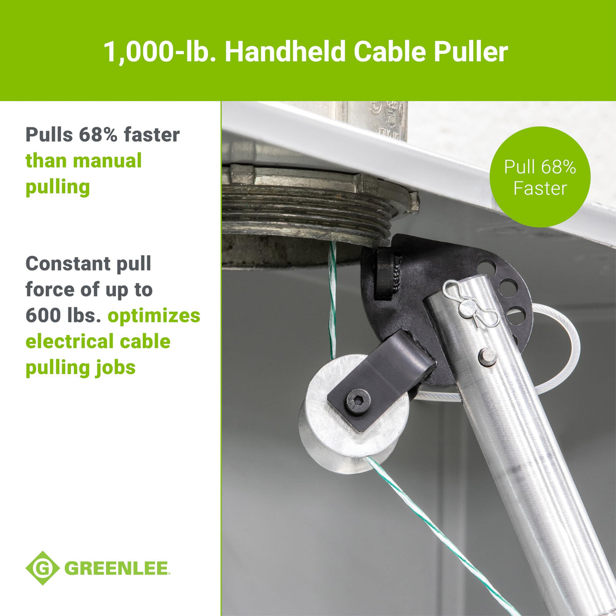 Greenlee G1 tapered capstan enables smooth line unloading.